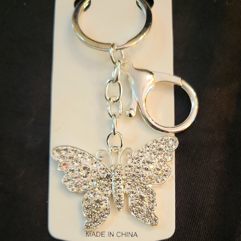Elegant Rhinestone Silver Butterfly Bag Charm/ Keychain NWT